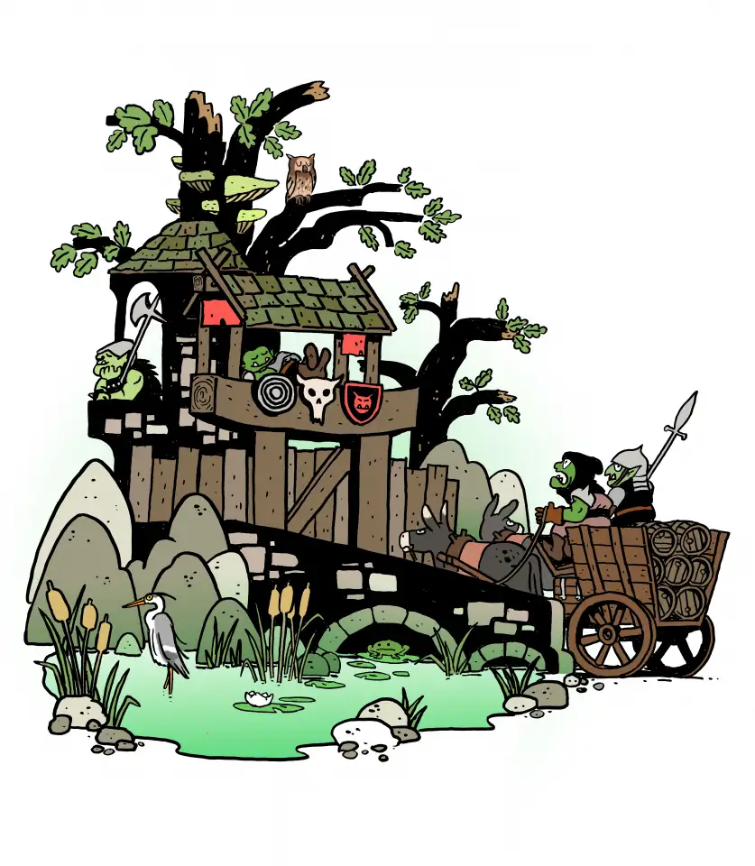 A donkey-drawn cart loaded with barrels stands in front of the closed gate of a castle. Two orcs are sitting on the cart. One of them calls out grumpily to the orc guard in the gatehouse to open the gate. In vain: all the orcs in the castle are taking a siesta.